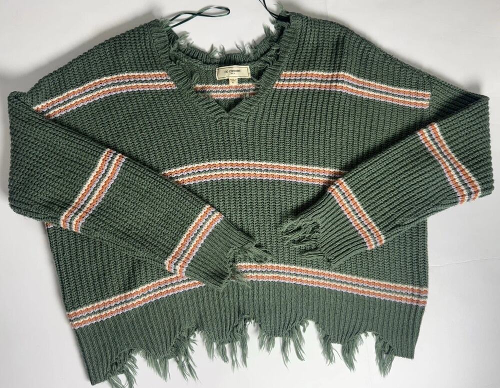 No Comment Green Striped Knit Fringe V-Neck Pullover Sweater XL Boho Casual